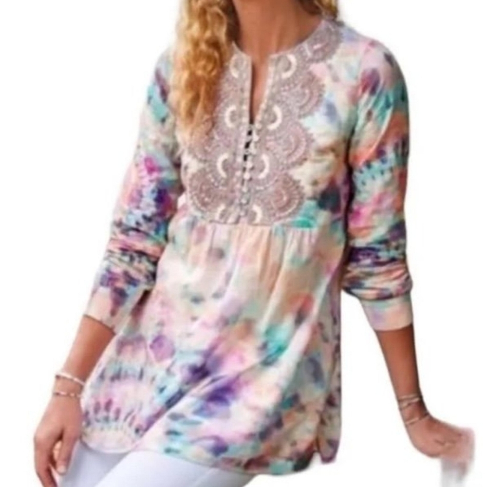 Soft Surroundings Bazille Pastel Rainbow Tie Dye Beaded Tunic Top Large Petite